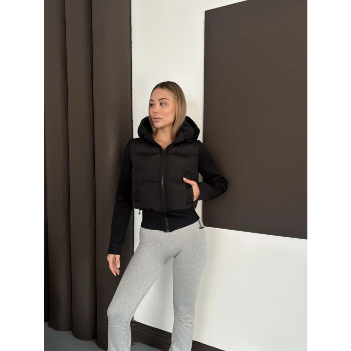 Kapüşonlu Crop Şişme Mont Siyah