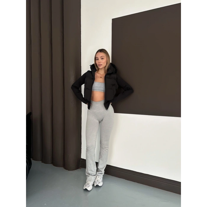 Kapüşonlu Crop Şişme Mont Siyah