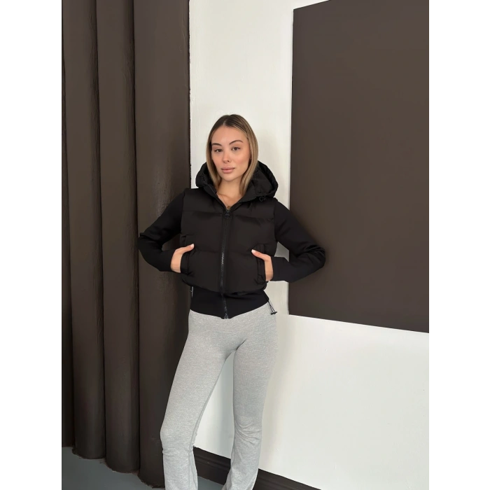 Kapüşonlu Crop Şişme Mont Siyah