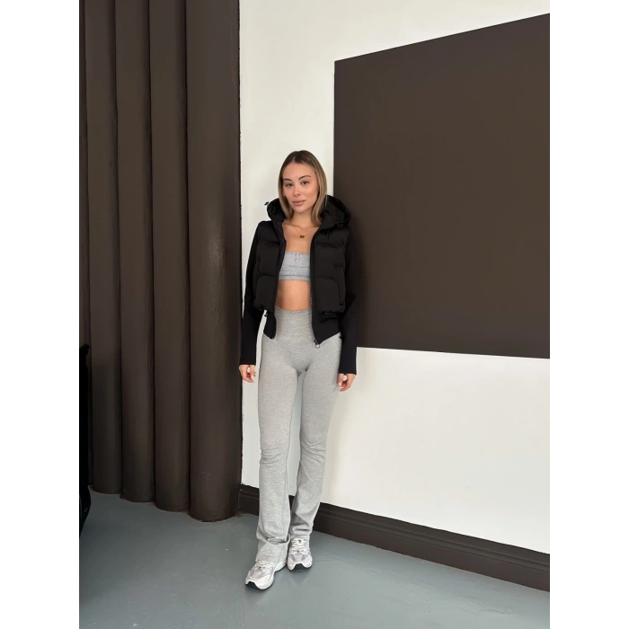 Kapüşonlu Crop Şişme Mont Siyah