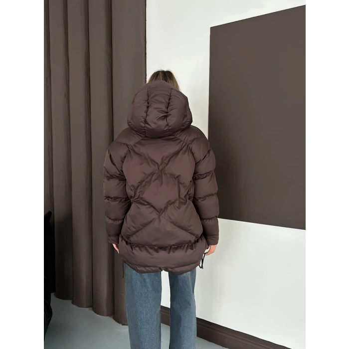 Kapüşonlu Desenli Şişme Mont Kahverengi