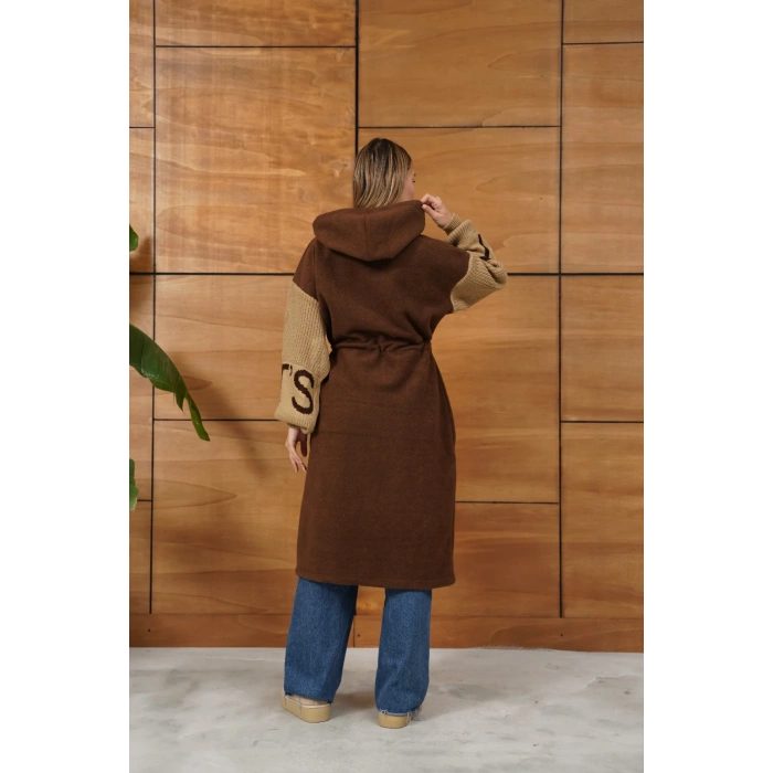 Kapüşonlu Fermuar Detay Triko Hırka Acı Kahve