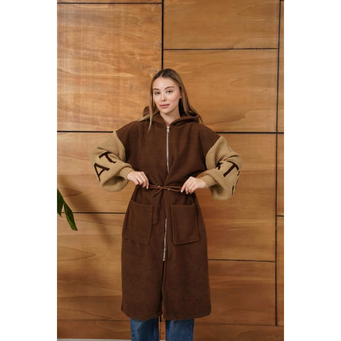 Kapüşonlu Fermuar Detay Triko Hırka Acı Kahve