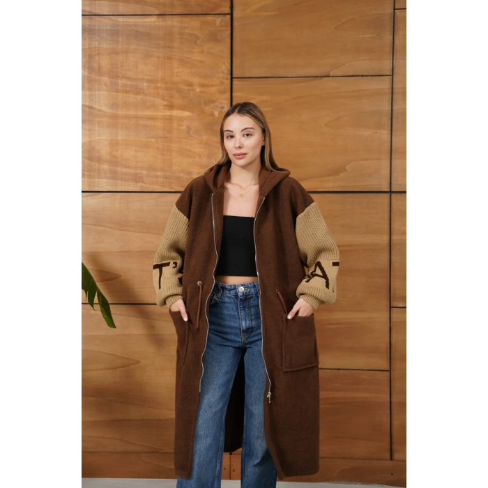 Kapüşonlu Fermuar Detay Triko Hırka Acı Kahve