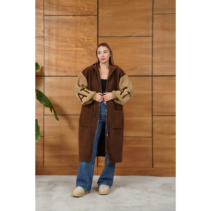 Kapüşonlu Fermuar Detay Triko Hırka Acı Kahve