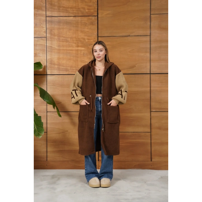 Kapüşonlu Fermuar Detay Triko Hırka Acı Kahve