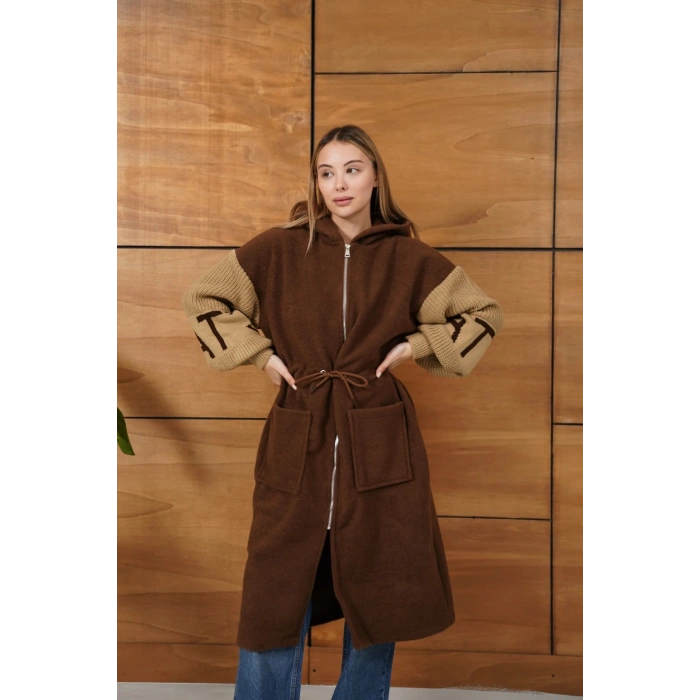 Kapüşonlu Fermuar Detay Triko Hırka Acı Kahve