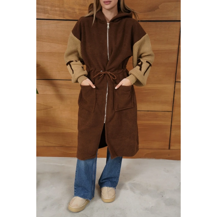 Kapüşonlu Fermuar Detay Triko Hırka Acı Kahve