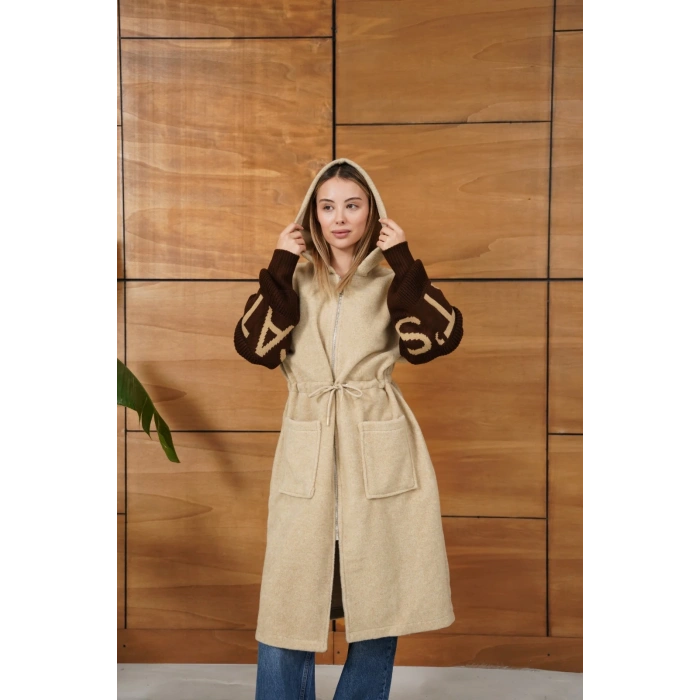 Kapüşonlu Fermuar Detay Triko Hırka Bej