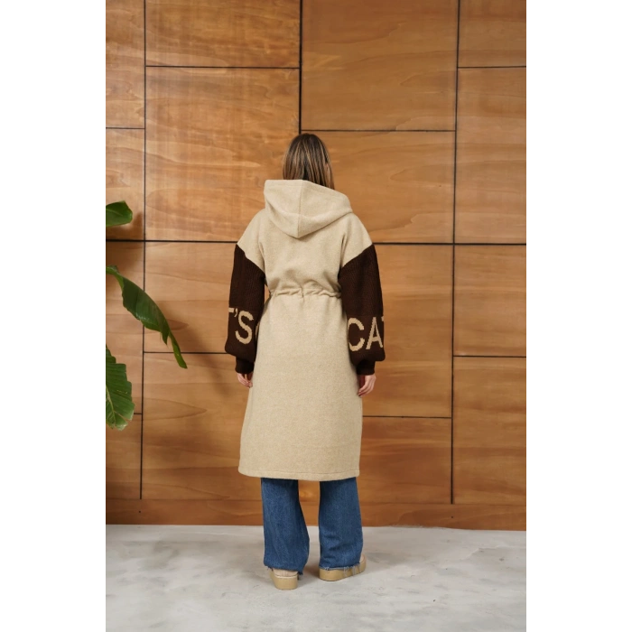 Kapüşonlu Fermuar Detay Triko Hırka Bej