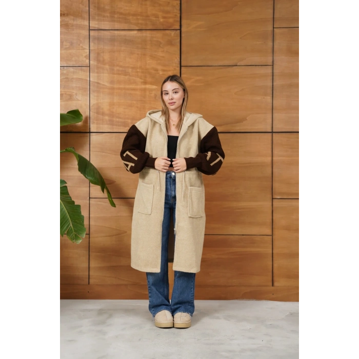 Kapüşonlu Fermuar Detay Triko Hırka Bej