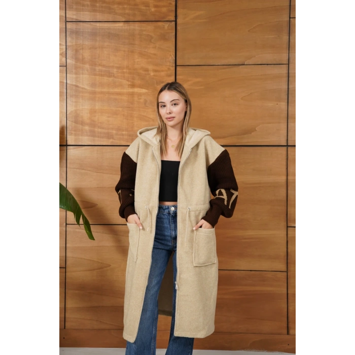 Kapüşonlu Fermuar Detay Triko Hırka Bej