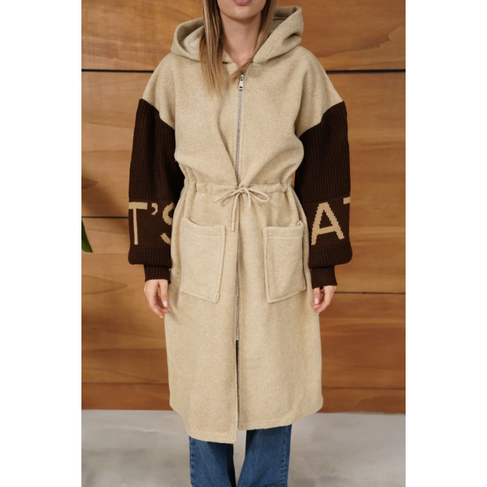 Kapüşonlu Fermuar Detay Triko Hırka Bej