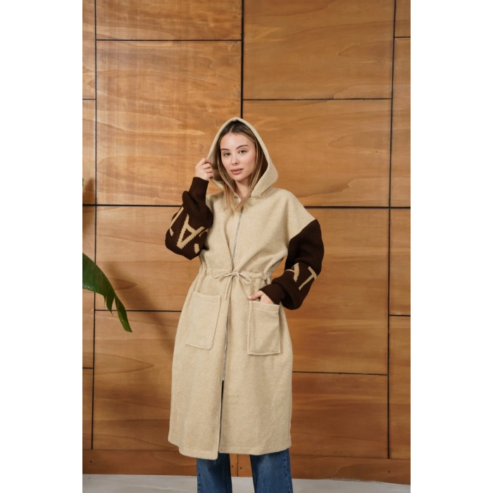 Kapüşonlu Fermuar Detay Triko Hırka Bej