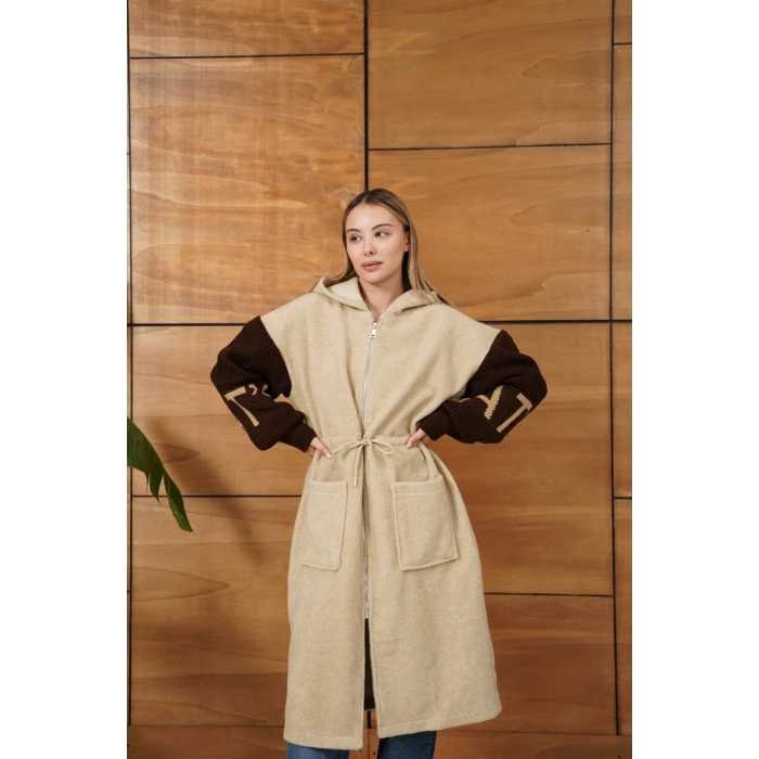 Kapüşonlu Fermuar Detay Triko Hırka Bej