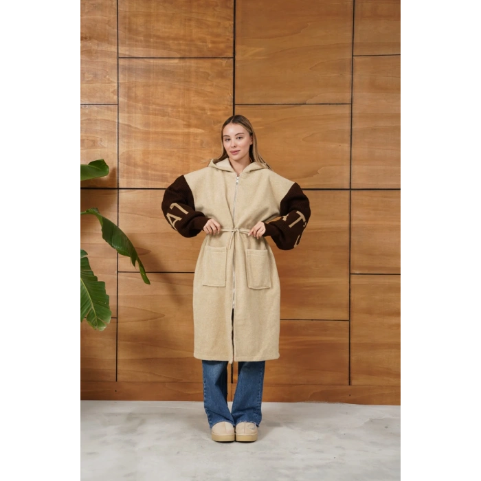 Kapüşonlu Fermuar Detay Triko Hırka Bej