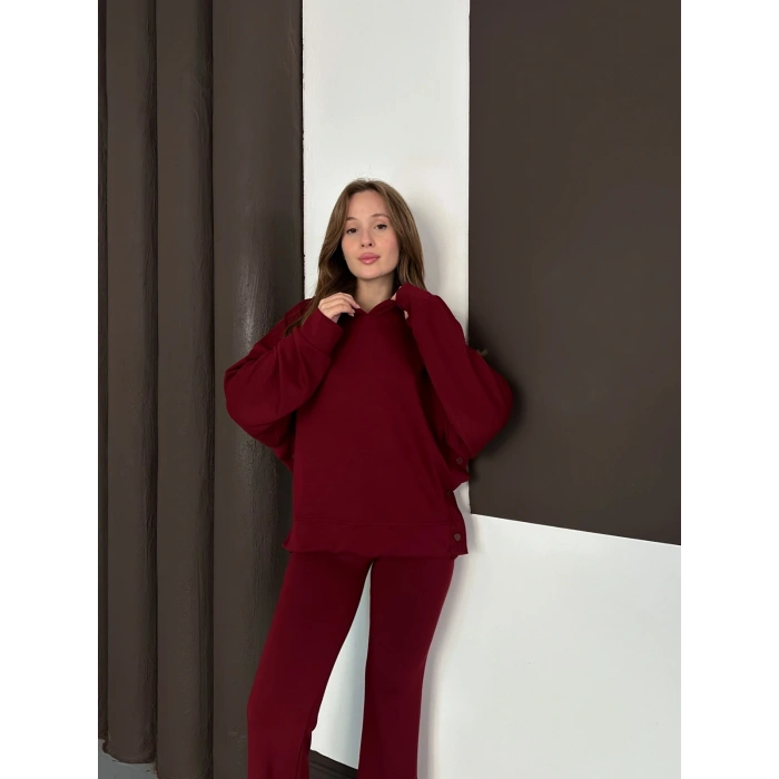 Kapüşonlu Modal Pantolonlu İkili Set Bordo