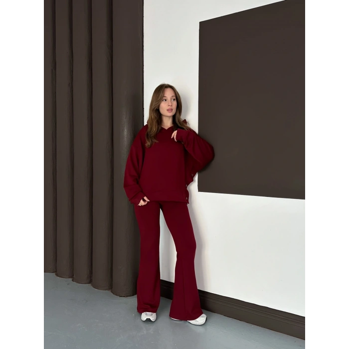 Kapüşonlu Modal Pantolonlu İkili Set Bordo