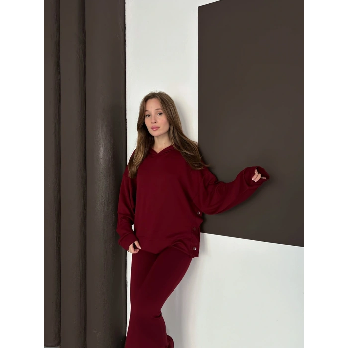 Kapüşonlu Modal Pantolonlu İkili Set Bordo
