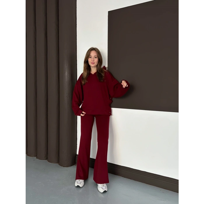 Kapüşonlu Modal Pantolonlu İkili Set Bordo