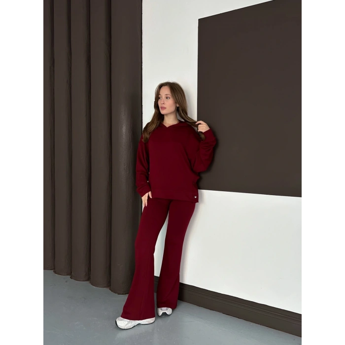 Kapüşonlu Modal Pantolonlu İkili Set Bordo