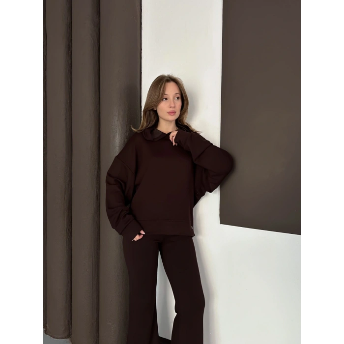 Kapüşonlu Modal Pantolonlu İkili Set Kahverengi