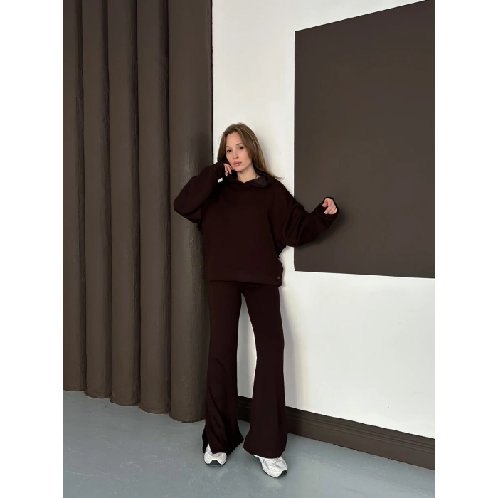 Kapüşonlu Modal Pantolonlu İkili Set Kahverengi