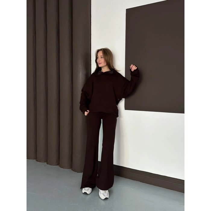 Kapüşonlu Modal Pantolonlu İkili Set Kahverengi