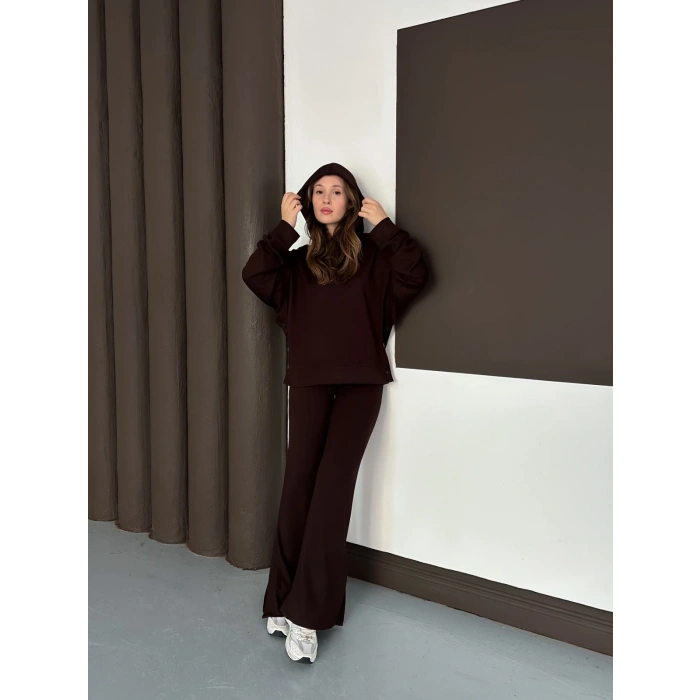 Kapüşonlu Modal Pantolonlu İkili Set Kahverengi