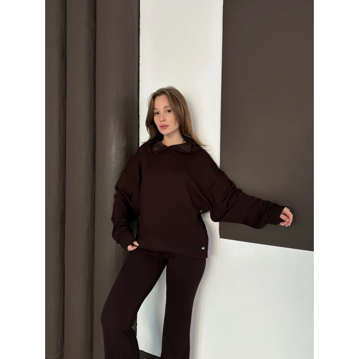 Kapüşonlu Modal Pantolonlu İkili Set Kahverengi