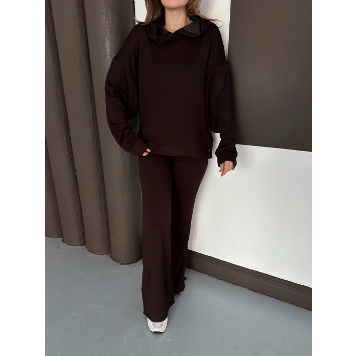 Kapüşonlu Modal Pantolonlu İkili Set Kahverengi
