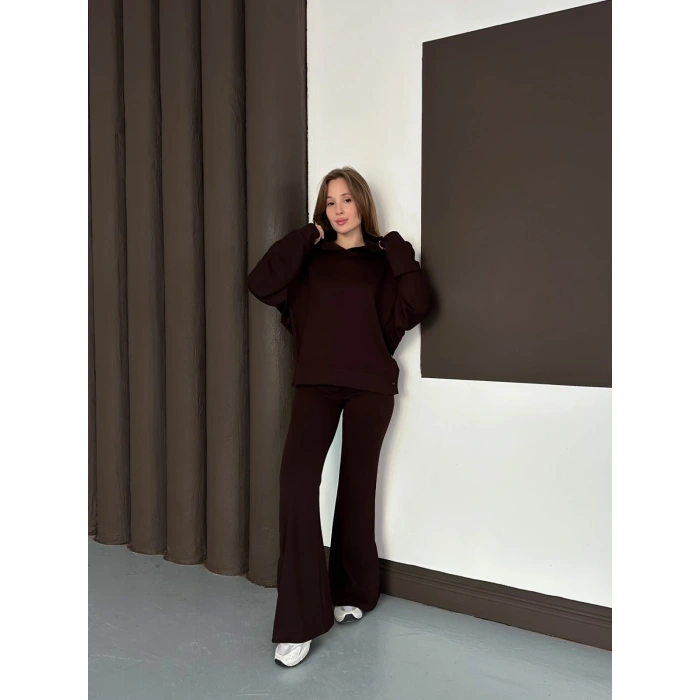 Kapüşonlu Modal Pantolonlu İkili Set Kahverengi