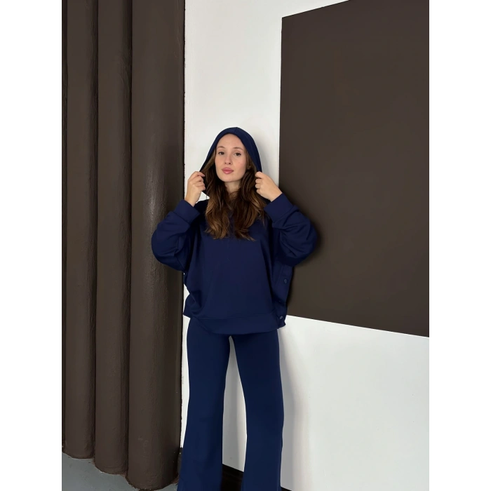 Kapüşonlu Modal Pantolonlu İkili Set Lacivert