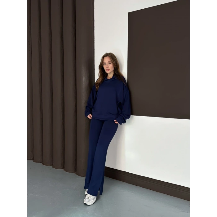 Kapüşonlu Modal Pantolonlu İkili Set Lacivert