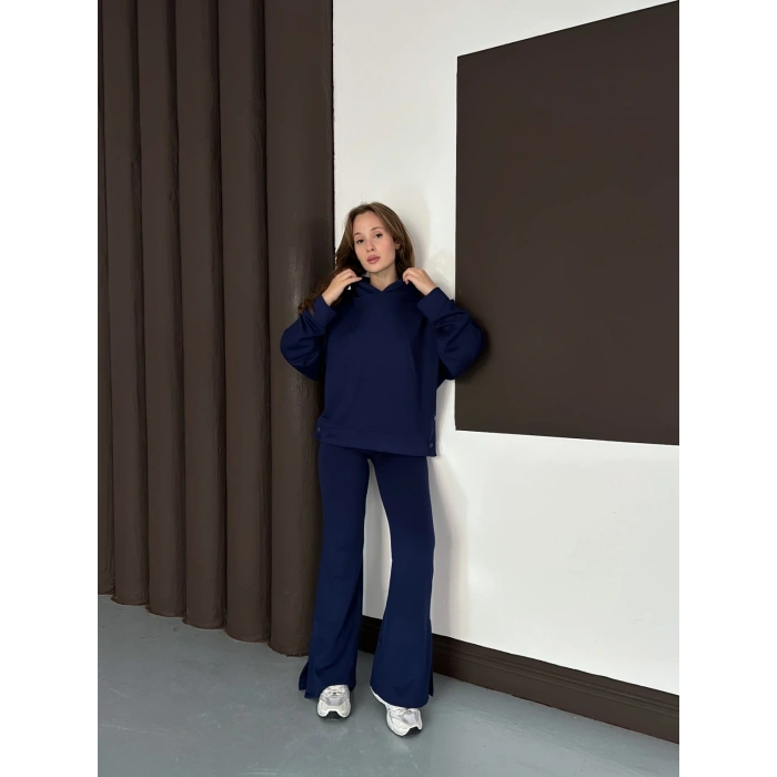 Kapüşonlu Modal Pantolonlu İkili Set Lacivert