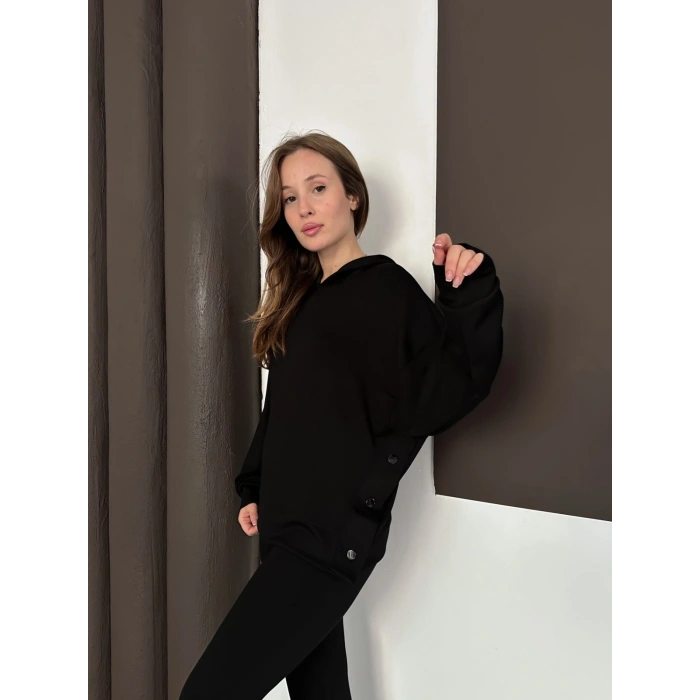 Kapüşonlu Modal Pantolonlu İkili Set Siyah