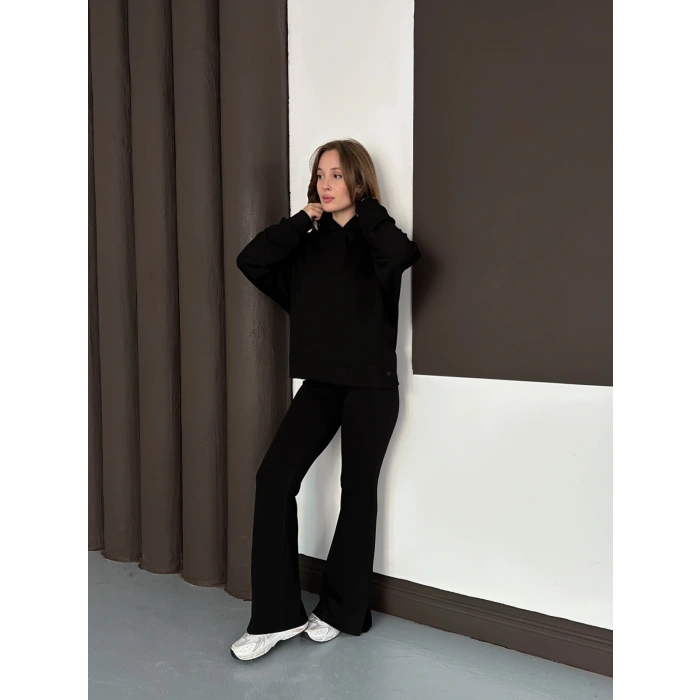 Kapüşonlu Modal Pantolonlu İkili Set Siyah