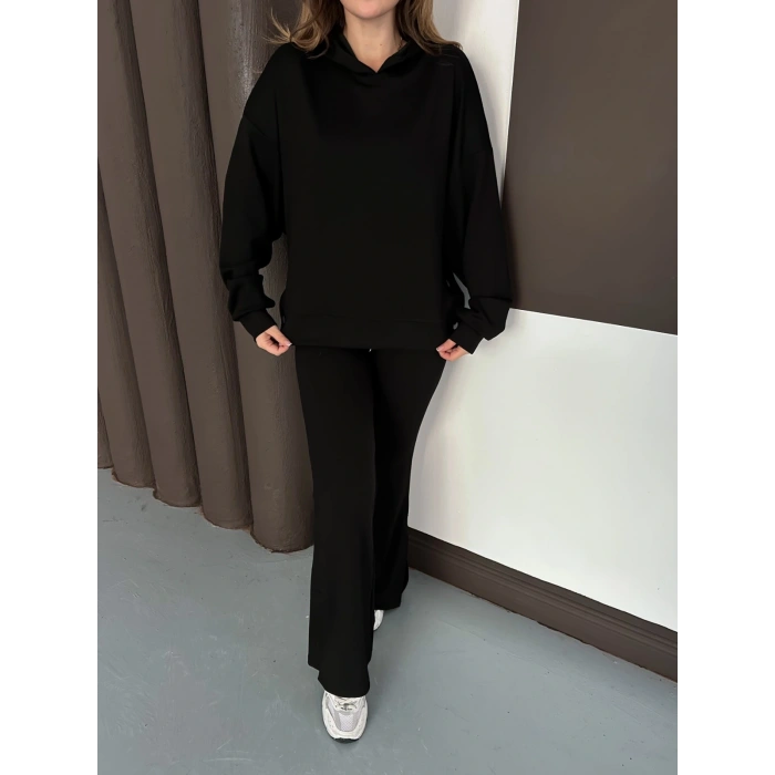Kapüşonlu Modal Pantolonlu İkili Set Siyah