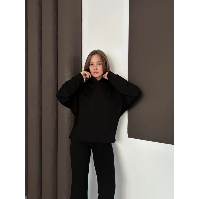 Kapüşonlu Modal Pantolonlu İkili Set Siyah