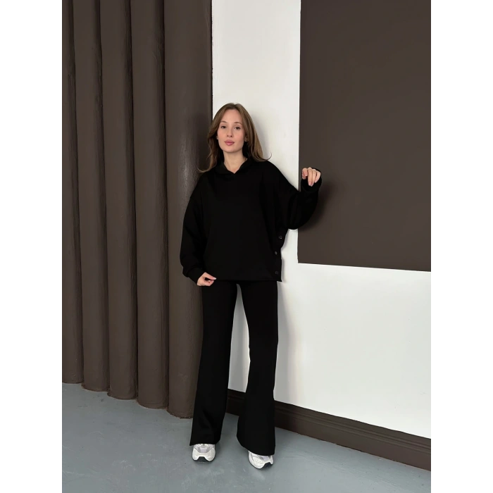 Kapüşonlu Modal Pantolonlu İkili Set Siyah