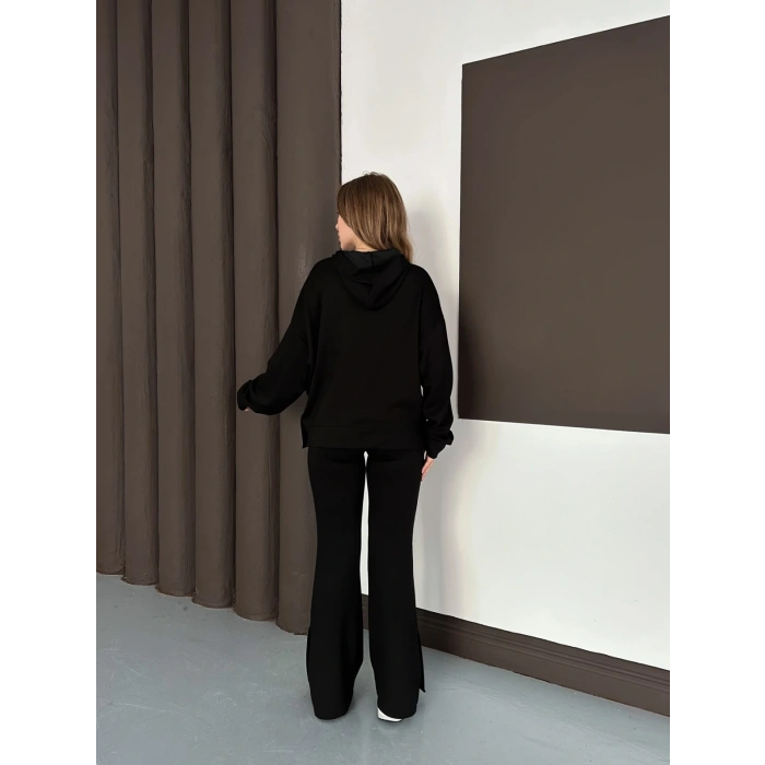 Kapüşonlu Modal Pantolonlu İkili Set Siyah