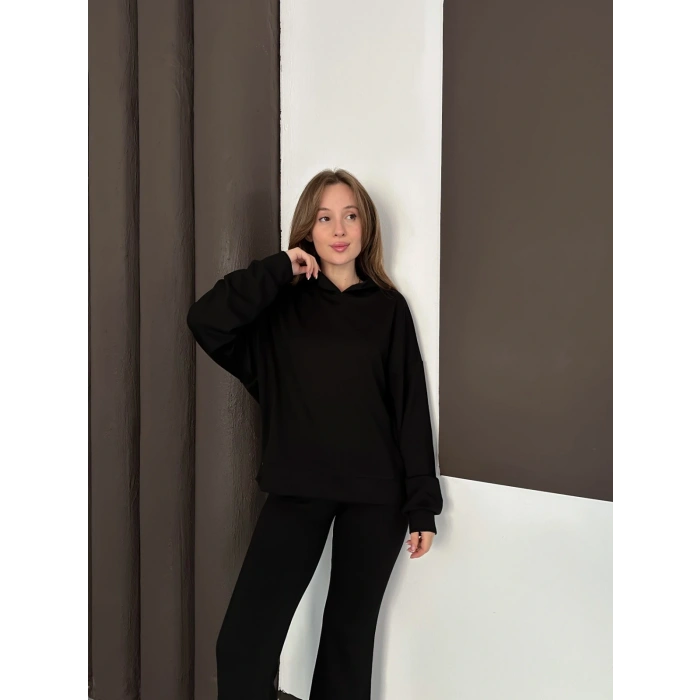 Kapüşonlu Modal Pantolonlu İkili Set Siyah