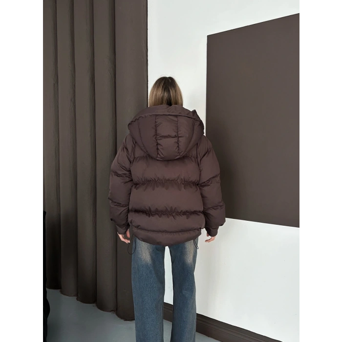 Kapüşonlu Şişme Kısa Mont Acı Kahve