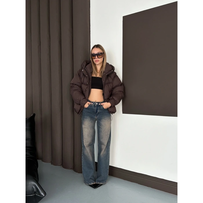 Kapüşonlu Şişme Kısa Mont Acı Kahve