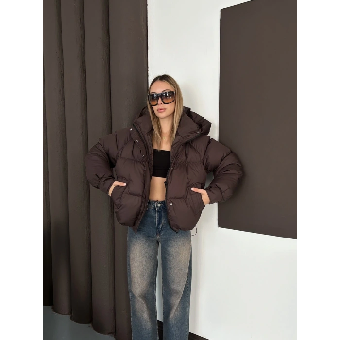 Kapüşonlu Şişme Kısa Mont Acı Kahve