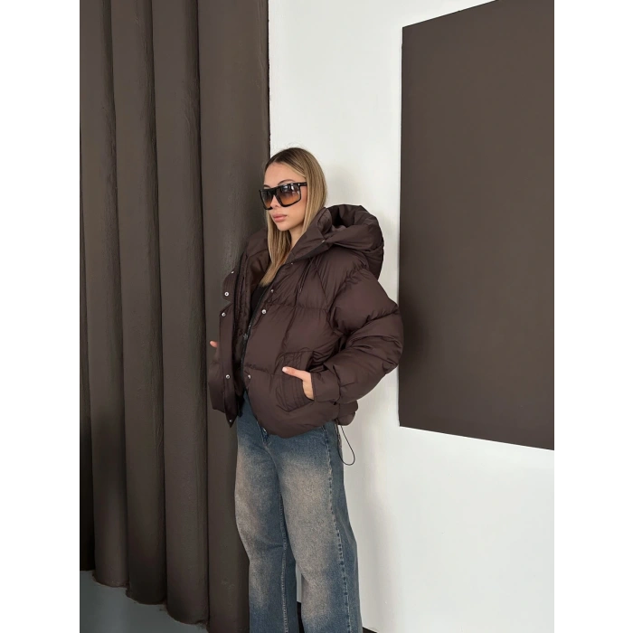 Kapüşonlu Şişme Kısa Mont Acı Kahve