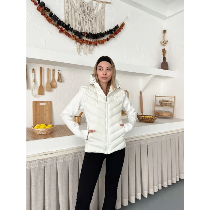 Kapüşonlu Şişme Mont Beyaz