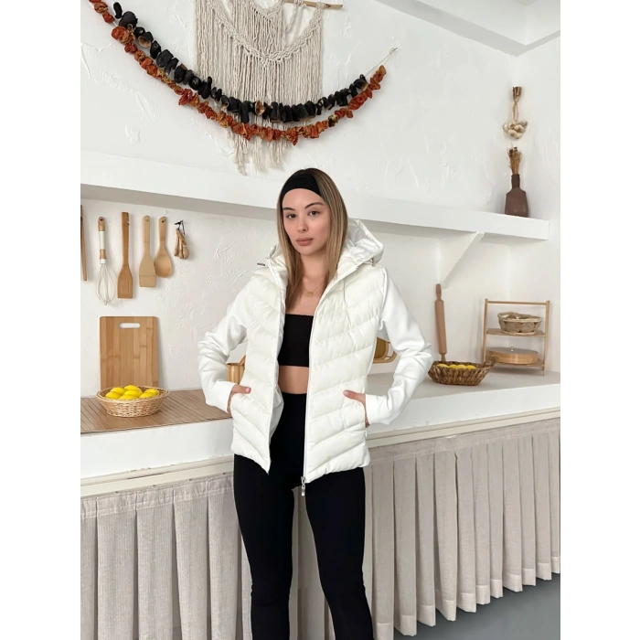 Kapüşonlu Şişme Mont Beyaz