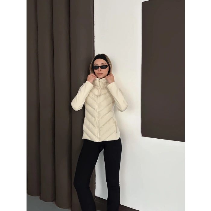 Kapüşonlu Şişme Mont Ekru