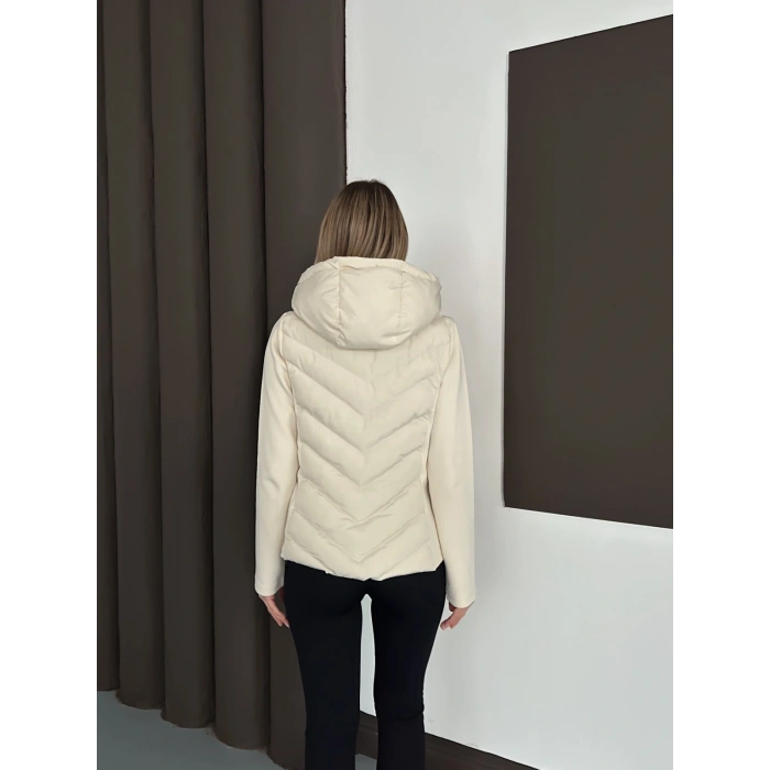 Kapüşonlu Şişme Mont Ekru